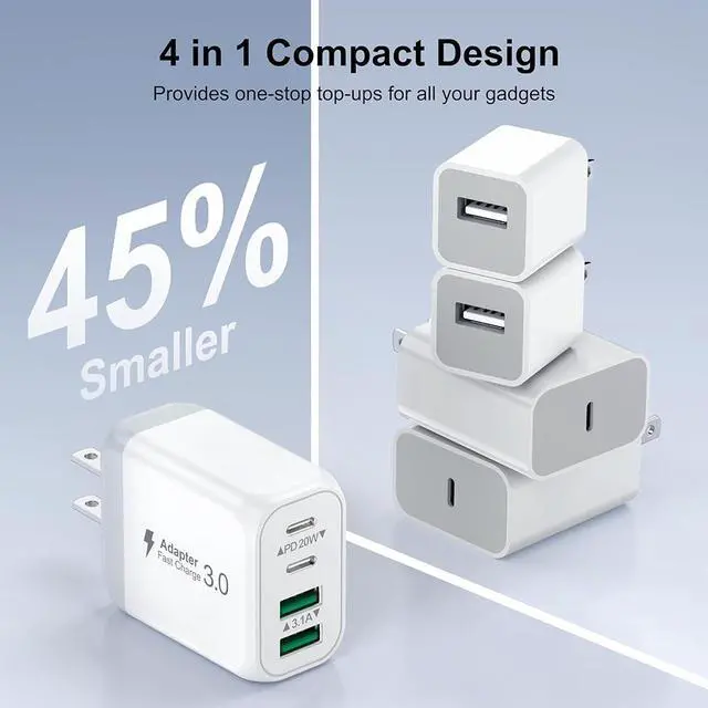 Alt view image 5 of 7 - 3 Pack USB Wall Charger Block, Fast USB C Charger Block 4 Port USB PD Power Adapter, QC Wall Plug Multiport Type C Charging Cube for i-Phone 15/14/13/12/11,L-G,Nexus,H-T-C,Go-o-gle Pixel, and More