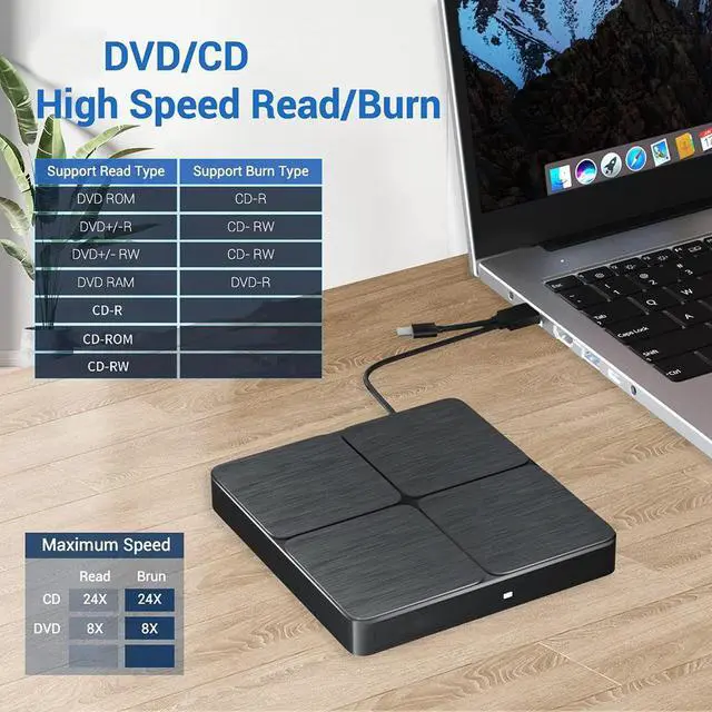 Alt view image 2 of 6 - External CD DVD Drive, USB 3.0 and Type-C Portable External CD Burner DVD Drive Slim CD DVD +/-RW Reader Player, External CD/DVD Optical Drive for Mac,PC,Laptop,Desktop,MacOS,Windows XP/7/8/10/11