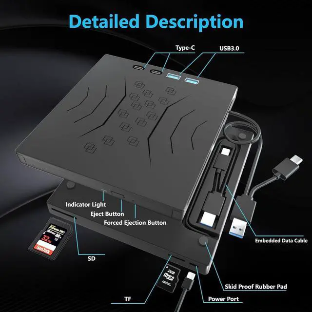 Alt view image 2 of 7 - 7 in 1 External CD DVD Drive, USB 3.0 & Type-C External CD/DVD Drive for Laptop, Portable CD/DVD +/-RW Disk Drive, CD/DVD Burner CD ROM External Drive for Laptop Desktop PC Windows 7/8/10/XP Mac Linux