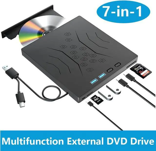 Main image of 7 in 1 External CD DVD Drive, USB 3.0 & Type-C External CD/DVD Drive for Laptop, Portable CD/DVD +/-RW Disk Drive, CD/DVD Burner CD ROM External Drive for Laptop Desktop PC Windows 7/8/10/XP Mac Linux