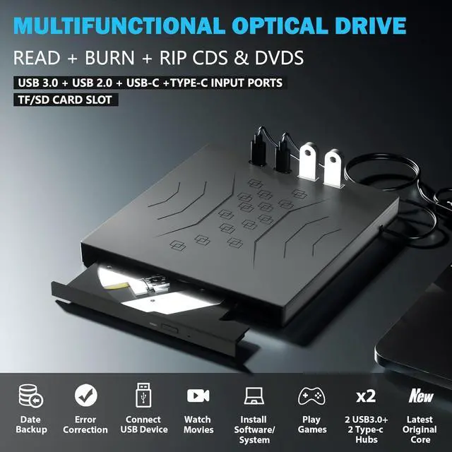 Alt view image 5 of 7 - 7 in 1 External CD DVD Drive, USB 3.0 & Type-C External CD/DVD Drive for Laptop, Portable CD/DVD +/-RW Disk Drive, CD/DVD Burner CD ROM External Drive for Laptop Desktop PC Windows 7/8/10/XP Mac Linux