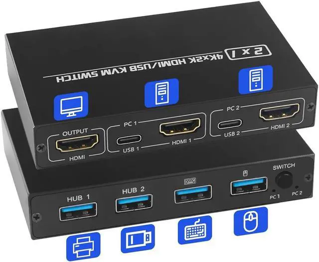 Main image of 2 Port HDMI KVM Switch for 2 Computers 1 Monitor, 2 in 1 Out KVM Switch HDMI 4K@30Hz, KVM Switch for 2 PC Share 1 Monitor and USB Wireless Keyboard, Mouse, Printer, with 2 USB 2.0 Cables