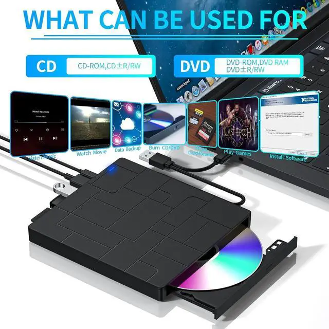 Alt view image 5 of 7 - Hitoor External CD/DVD Drive for Laptop, 7-IN-1 USB 3.0 Slim Portable DVD Player, CD ROM Burner, Writer, External Optical Disk Drive Compatible with Laptop Desktop PC Windows Mac Linux OS