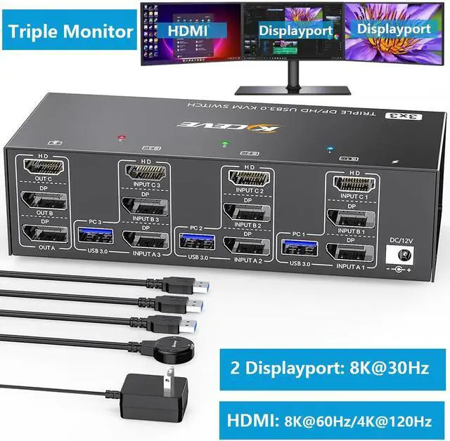 Main image of Hitoor KVM Switch 3 Computers 3 Monitors, HDMI + 2 DisplayPort Triple Monitor USB 3.0 KVM Switcher, 8K@30Hz/4K@144Hz HDMI+2 DP KVM for 3 PC Share 3 Display and 4 USB3.0 Devices, Wired Remote Included