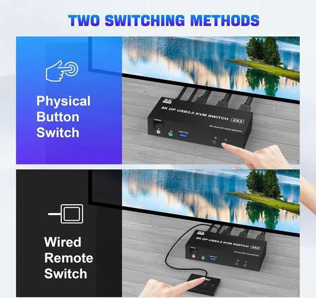 Alt view image 7 of 7 - Hitoor Displayport USB 3.0 KVM Switch 2 Monitors 2 Computers 8K@60Hz 4K@144Hz, Dual Monitor Displayport1.4 KVM Switches with Audio Microphone Output and 3 USB 3.0 Ports, DP Switch for 2 PCs 2 Monitors