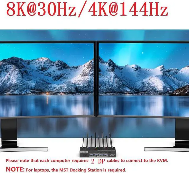 Alt view image 4 of 7 - Hitoor KVM Switch 4 Computers 2 Monitors 8K@30Hz 4K@144Hz, Dual Monitor DP KVM Switch 4 in 2 Out for 4 Computer Share 2 Monitors and 4 USB 3.0 Port Keyboard Mouse,Wired Remote and USB Cables Included