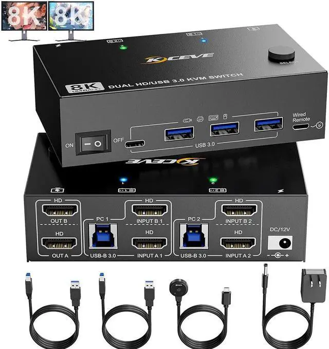 Main image of Hitoor HDMI KVM Switch 2 Monitors 2 Computers Dual Monitor Support 8K@60Hz 4K@120Hz, Dual Monitor USB 3.0 KVM Switch HDMI 2 Port and 4 USB3.0 Devices,Wired Remote and 12V Power Adapter Included