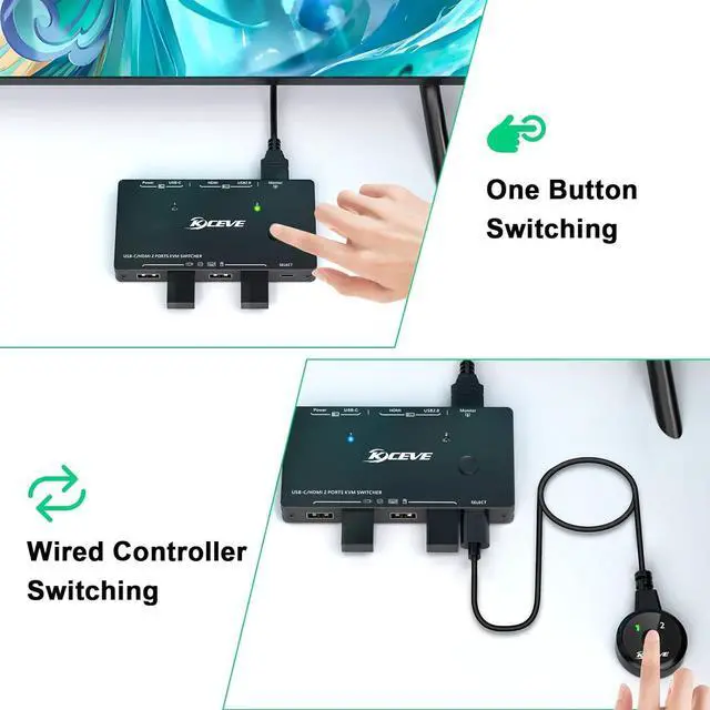 Alt view image 5 of 7 - USB Type-C + HDMI KVM Switch 4K@60Hz, USB C KVM Switch for 2 Computers Share 1 Monitor and 4 USB Devices, Compatible with Thunderbolt 3, with 100 W Power Delivery, Wired Remote and 3 Cables Included