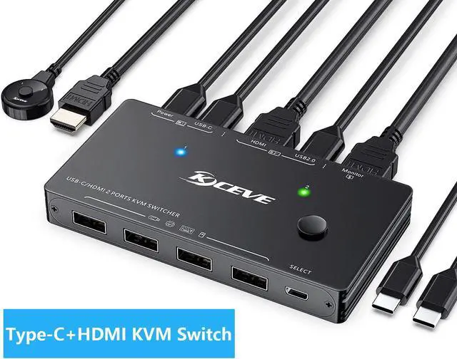 Main image of USB Type-C + HDMI KVM Switch 4K@60Hz, USB C KVM Switch for 2 Computers Share 1 Monitor and 4 USB Devices, Compatible with Thunderbolt 3, with 100 W Power Delivery, Wired Remote and 3 Cables Included