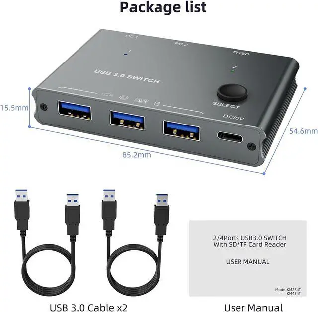 Alt view image 7 of 7 - Hitoor 5Gbps USB 3.0 Switch 2 Computers Share 3 USB 3.0 Devices with TF Card Reading Function, USB 3.0 Switcher Selector for PC Laptop Keyboard Mouse Webcam USB-Microphone, with 2 USB A to A Cables