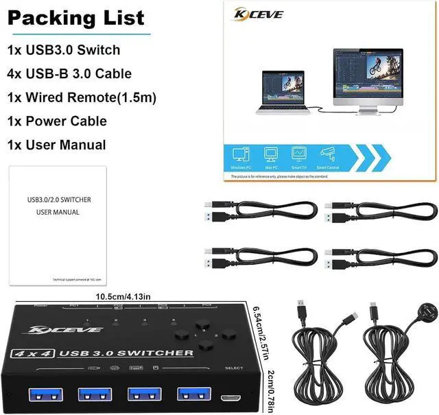 Alt view image 7 of 7 - Hitoor USB 3.0 Switch, 4 Port USB Switcher 4 Computers Share 4 USB Devices, for Printer Scanner Keyboard Mouse Switch, USB-B USB 3.0 Switch with Wired Control and Standard USB-B Cables