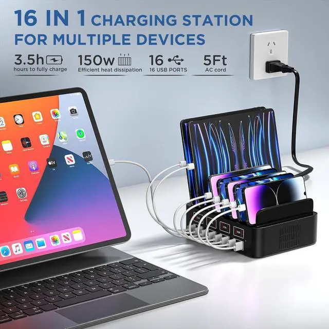 Alt view image 2 of 7 - Hitoor 150W USB Charging Station for Multiple Device, 16 Ports USB Multi Charger Station with Fast Charging, Cellphone Charging Station for A-p-p-l-e Devices Fire Tablets i-P-hone Android Smartphones