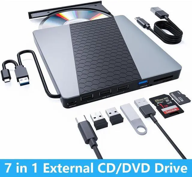 Main image of Hitoor External CD DVD Drive, USB3.0/USB C Portable CD/DVD Player with SD/TF Slot, 1 USB 3.0 & 4 USB 2.0 Ports, CD ROM Burner Optical Drive Compatible with Windows 11/10/8.1/8/7/vista,Linux,MacOS
