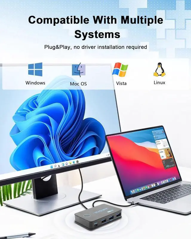 Alt view image 5 of 7 - Hitoor USB KVM Switcher, USB 3.0 Switch, 2 In 4 Out [3 USB A + 1 USB C] USB 3.0 Switcher, USB Switch Box for Keyboard, USB Switch for 2 Computers Share 1 USB Device, Printer, Scanner, Keyboard..