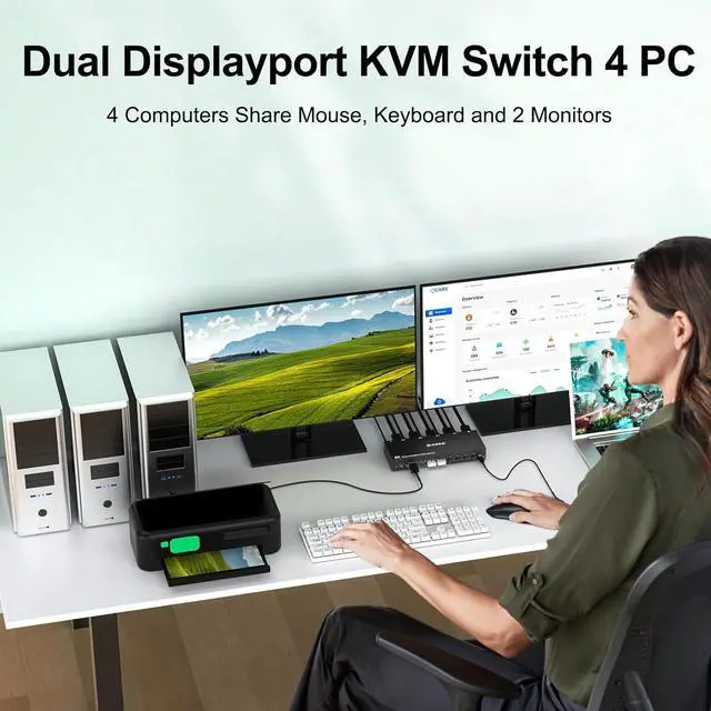 Alt view image 4 of 7 - Hitoor 8K DisplayPort KVM Switch 2 Monitors 4 Computers, Dual Monitor KVM Switch Displayport USB 3.0, Support 8K@30Hz, 4k@144Hz, for 4 Computer Share 2 Display, Wired Remote and USB Cables Included