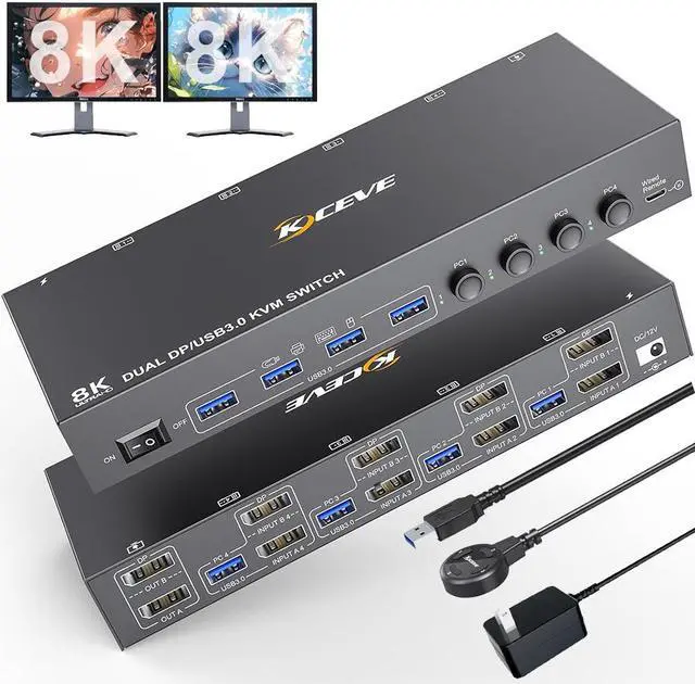 Main image of Hitoor 8K DisplayPort KVM Switch 2 Monitors 4 Computers, Dual Monitor KVM Switch Displayport USB 3.0, Support 8K@30Hz, 4k@144Hz, for 4 Computer Share 2 Display, Wired Remote and USB Cables Included