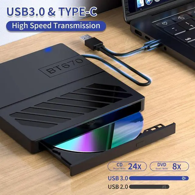 Alt view image 2 of 7 - Hitoor External CD DVD Drive, 7 in 1 USB 3.0 Type-C DVD Drive, Portable External DVD Burner, External CD/DVD Optical Drive with SD/TF Card Reader & 4 USB A Ports for Linux/Mac OS/Windows 7/8/10/11