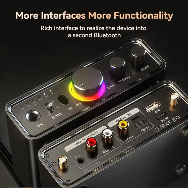 Alt view image 3 of 7 - Hitoor RGB Bluetooth 5.3 Audio Transmitter Receiver for Home Stereo TV, HiFi Wireless Bluetooth Low Latency Audio Adapter, Support DAC/AUX/RCA/USB/Coaxial/Optical/6.5MM Microphone Karaoke Hifi DSP
