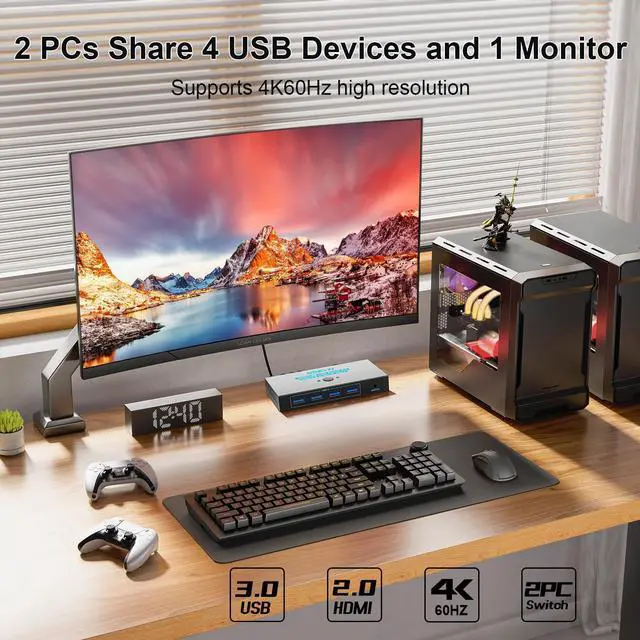 Alt view image 3 of 6 - Hitoor HDMI 2.0 KVM Switch 1 Monitors 2 Computers, with 4 USB 3.0 Switch, 4K@60Hz 2 Port HDMI KVM Switches 2 in 1 Out, Support Wired Remote and Button Switch, Sharing Keyboard & Mouse, Plug and Play