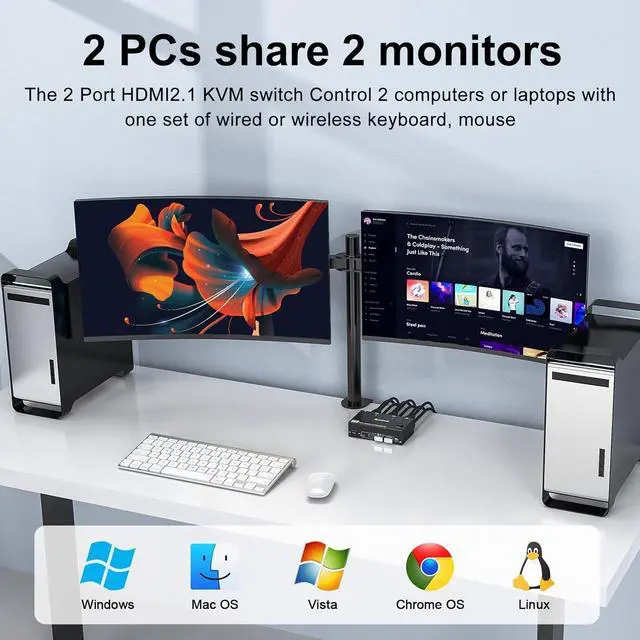 Alt view image 3 of 7 - Hitoor 8K@60Hz HDMI KVM Switch 2 PC 2 Monitors, Dual Monitor HDMI USB 3.0  KVM Switch Simulation EDID, with 4 USB 3.0 HUB for Keyboard, Mouse, Wired Remote, 12V Power Adapter and USB Cable Included