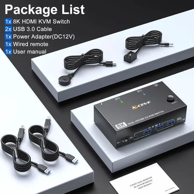 Alt view image 7 of 7 - Hitoor 8K@60Hz HDMI KVM Switch 2 PC 2 Monitors, Dual Monitor HDMI USB 3.0  KVM Switch Simulation EDID, with 4 USB 3.0 HUB for Keyboard, Mouse, Wired Remote, 12V Power Adapter and USB Cable Included
