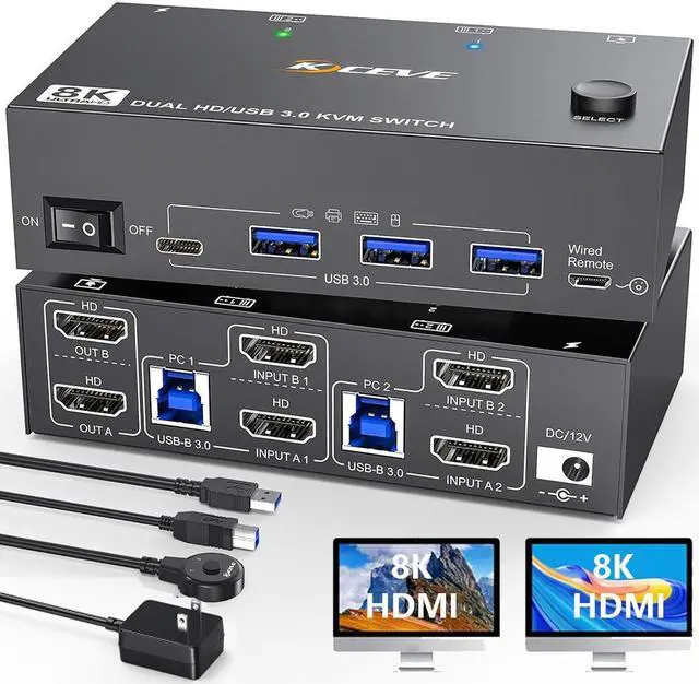 Main image of Hitoor 8K@60Hz HDMI KVM Switch 2 PC 2 Monitors, Dual Monitor HDMI USB 3.0  KVM Switch Simulation EDID, with 4 USB 3.0 HUB for Keyboard, Mouse, Wired Remote, 12V Power Adapter and USB Cable Included