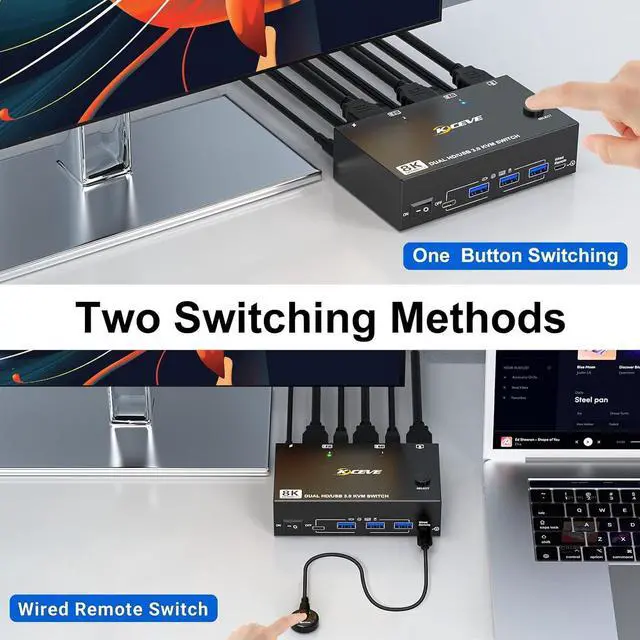 Alt view image 4 of 7 - Hitoor 8K@60Hz HDMI KVM Switch 2 PC 2 Monitors, Dual Monitor HDMI USB 3.0  KVM Switch Simulation EDID, with 4 USB 3.0 HUB for Keyboard, Mouse, Wired Remote, 12V Power Adapter and USB Cable Included