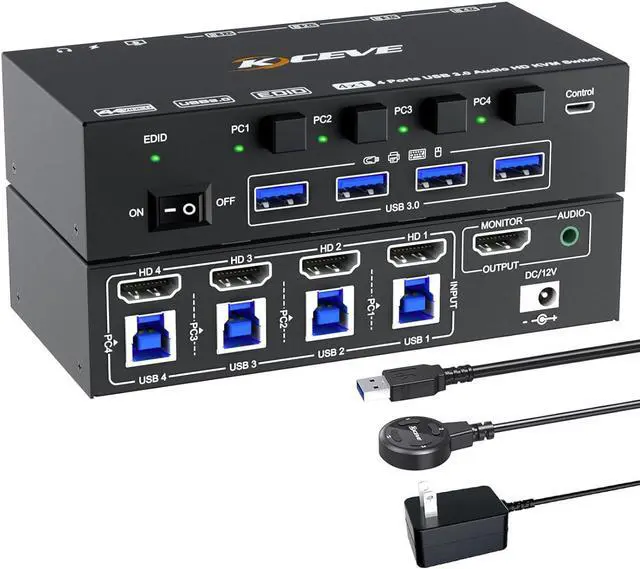 Main image of Hitoor KVM Switch 4 Computers 8K@60Hz 4K@144Hz, Simulation EDID, USB 3.0 HDMI KVM Switch for 4 Computers Share 1 Monitor and Keyboard Mouse and Headset,with Wired Remote,Power Adapter and USB3.0 Cable