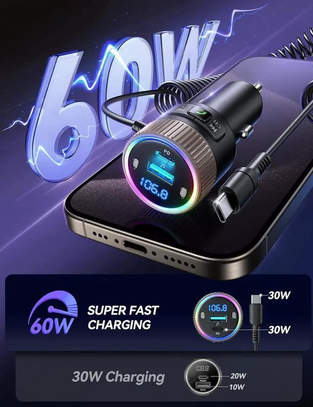 Alt view image 4 of 7 - Hitoor Bluetooth 5.4 FM Transmitter Car Adapter 60W [PD 30W & Type C Coiled Cable 30W] Wireless Radio Music Player Bluetooth Car Kit Hands-Free Call USB C Cigarette Lighter Adapter Support USB Drive
