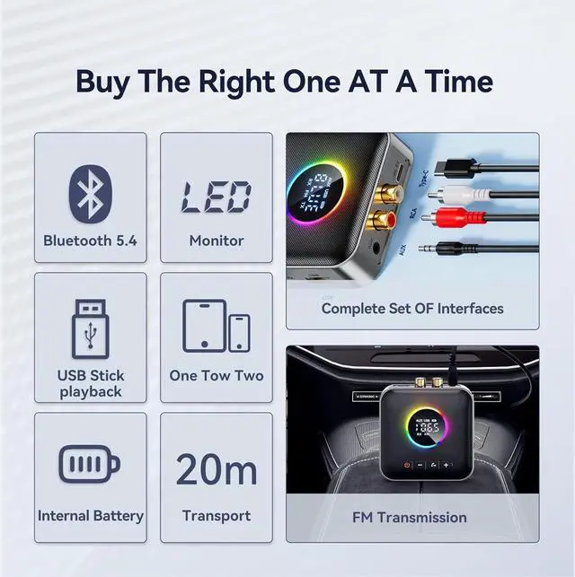 Alt view image 4 of 7 - Hitoor RGB Upgraded Bluetooth 5.4 Audio Receiver Transmitter for TV Home Stereo/Speakers Bluetooth Audio Adapter with Display, USB, RCA, 3.5 mm AUX, FM Radio Input/Output