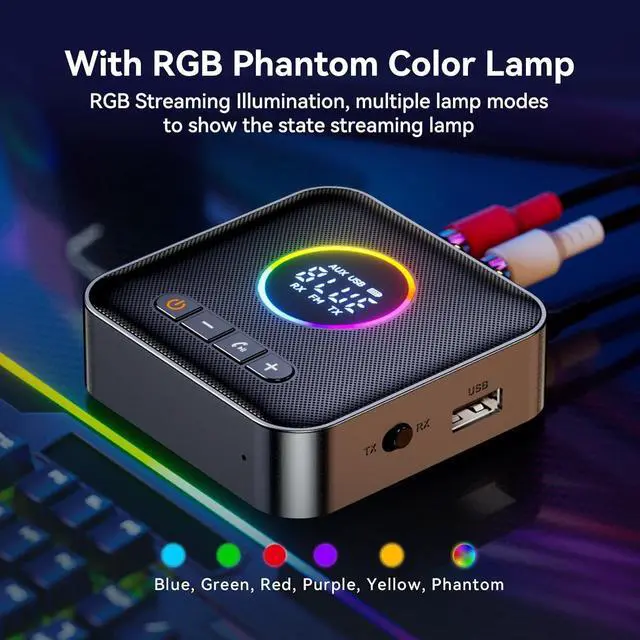 Alt view image 3 of 7 - Hitoor RGB Upgraded Bluetooth 5.4 Audio Receiver Transmitter for TV Home Stereo/Speakers Bluetooth Audio Adapter with Display, USB, RCA, 3.5 mm AUX, FM Radio Input/Output