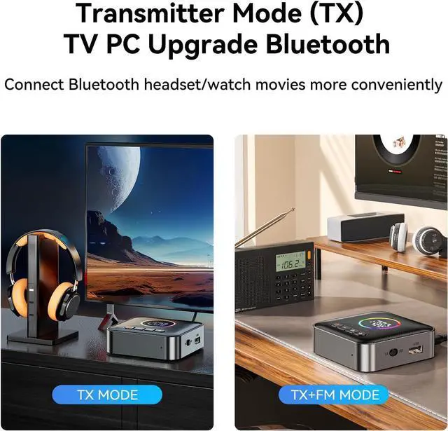 Alt view image 6 of 7 - Hitoor RGB Upgraded Bluetooth 5.4 Audio Receiver Transmitter for TV Home Stereo/Speakers Bluetooth Audio Adapter with Display, USB, RCA, 3.5 mm AUX, FM Radio Input/Output