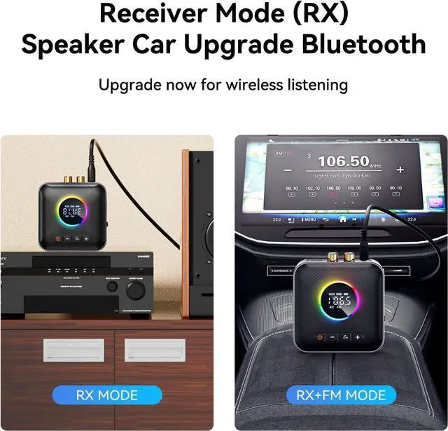 Alt view image 5 of 7 - Hitoor RGB Upgraded Bluetooth 5.4 Audio Receiver Transmitter for TV Home Stereo/Speakers Bluetooth Audio Adapter with Display, USB, RCA, 3.5 mm AUX, FM Radio Input/Output