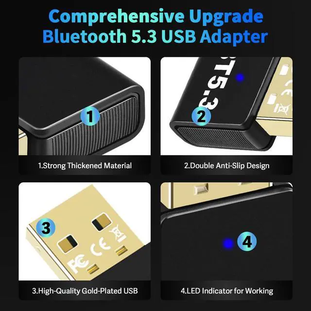 Alt view image 2 of 7 - Hitoor Bluetooth 5.3 Adapter for PC Desktop, 20M Wireless Transmitter Dongle for Windows 11/10/8.1 Computer Laptop, Plug & Play, Pair w/Bluetooth Headset Headphones Speaker Keyboard Mouse Printers