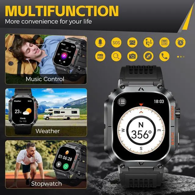 Alt view image 6 of 7 - Hitoor Military Smart Watch for Men, 5ATM Waterproof with Call 2.02" Large Screen Rugged Outdoor Tactical Smartwatch with Compass Fitness Watch with Heart Rate Blood Pressure Monitor for IOS Android