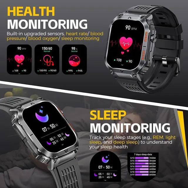 Alt view image 5 of 7 - Hitoor Military Smart Watch for Men, 5ATM Waterproof with Call 2.02" Large Screen Rugged Outdoor Tactical Smartwatch with Compass Fitness Watch with Heart Rate Blood Pressure Monitor for IOS Android