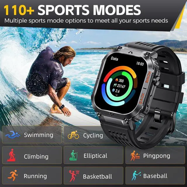 Alt view image 3 of 7 - Hitoor Military Smart Watch for Men, 5ATM Waterproof with Call 2.02" Large Screen Rugged Outdoor Tactical Smartwatch with Compass Fitness Watch with Heart Rate Blood Pressure Monitor for IOS Android