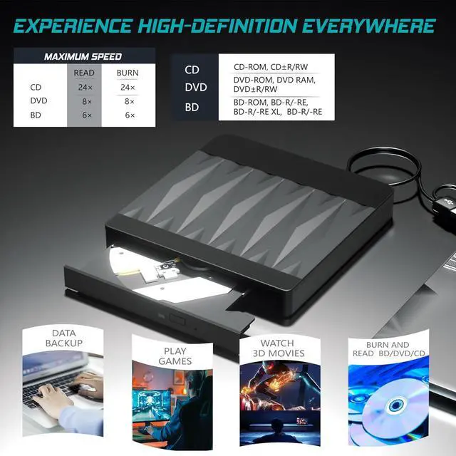 Alt view image 3 of 7 - Hitoor External Blu Ray Drive, USB 3.0 and Type-C External Blu Ray Burner Portable Blu Ray DVD/CD/BD Player, 3D Optical Bluray CD DVD Drive Compatible with Windows XP/7/8/10/11 MacOS Laptop Desktop