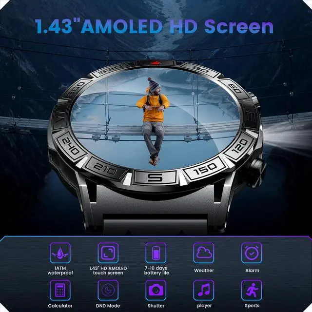 Alt view image 3 of 7 - Hitoor Smartwatch for IOS Android Phone Watch: Smart Watch Answer/Make Call with Heart Rate Blood Pressure Pedometer Compass Barometer Sport Fitness Tracker 1.43" AMOLED Waterproof Outdoor Men's Watch