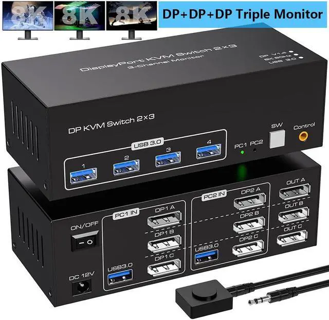 Main image of Hitoor 8K KVM Switch 3 Monitors 2 Computers, Displayport 4K@144Hz USB 3.0 KVM Switches DP 1.4 Triple Monitor Switch for 2 PCs with 4 USB Ports Support Extended & Copy Mode, Wired Controller Included