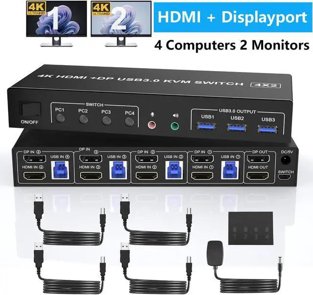 Main image of Hitoor 4K@60Hz Displayport + HDMI Dual Monitor KVM Switch for 4 Computers 2 Monitors, USB 3.0 KVM Switch, with Audio Microphone Output and 3 USB 3.0 Ports, HDMI+DP Monitor Switch for 4 PCs 2 Monitor