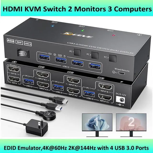 Main image of Hitoor HDMI KVM Switch 2 Monitors 3 Computers 4K@60Hz, EDID Emulator, USB 3.0 Dual Monitor KVM Switch for 3 Computers Share 2 Displays and 4 USB 3.0 ports, IncludePower Adapter Wired Remote and Cables