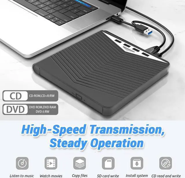 Alt view image 2 of 7 - Hitoor 7 in 1 External CD DVD Drive - External CD/DVD Drive for Laptop, USB 3.0 and Type-C Portable CD DVD +/-Rw Drive Reader, DVD/CD ROM Burner Rewriter for Laptop PC Windows 11/10/8.1/7/Linux, MacOS