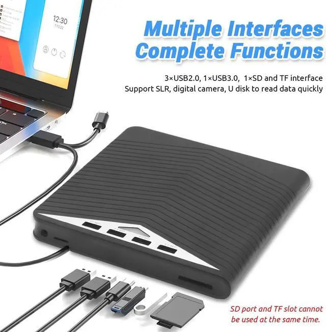 Alt view image 3 of 7 - Hitoor 7 in 1 External CD DVD Drive - External CD/DVD Drive for Laptop, USB 3.0 and Type-C Portable CD DVD +/-Rw Drive Reader, DVD/CD ROM Burner Rewriter for Laptop PC Windows 11/10/8.1/7/Linux, MacOS