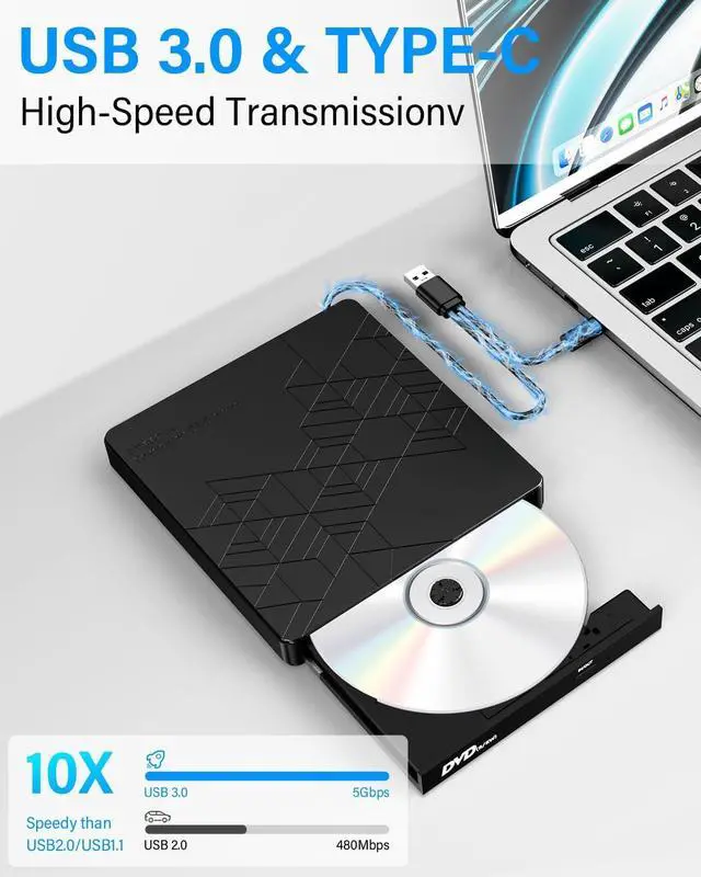 Alt view image 2 of 7 - Hitoor External CD DVD Drive, USB 3.0 Type-C CD DVD +/-RW Optical Burner, [5 in 1] External DVD Drive with 2 USB Port & SD/TF Card Reader for All PC Laptop/Desktop Windows 10/8/7/XP/Vista/Linux/MacOS