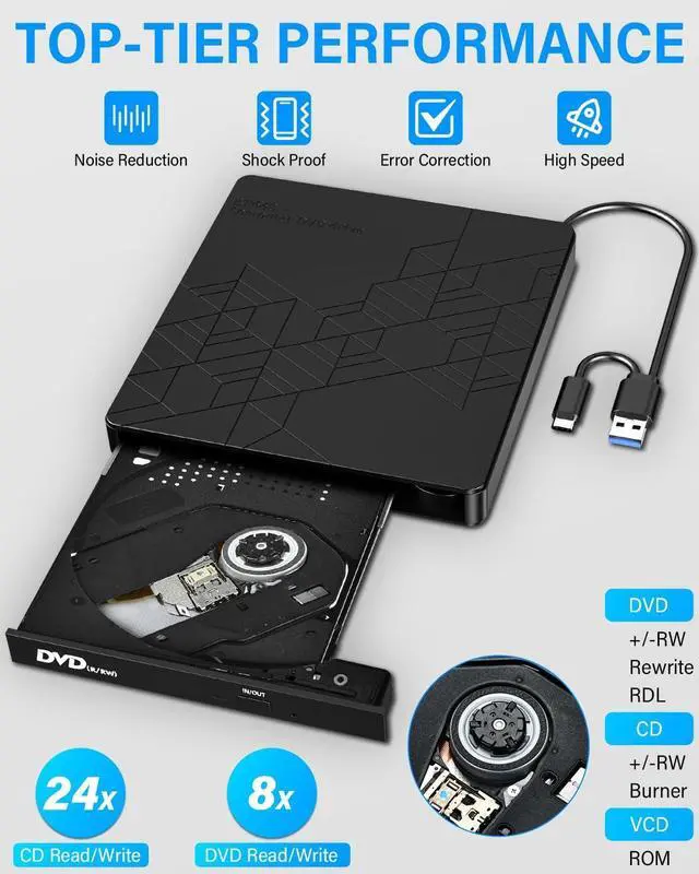 Alt view image 5 of 7 - Hitoor External CD DVD Drive, USB 3.0 Type-C CD DVD +/-RW Optical Burner, [5 in 1] External DVD Drive with 2 USB Port & SD/TF Card Reader for All PC Laptop/Desktop Windows 10/8/7/XP/Vista/Linux/MacOS