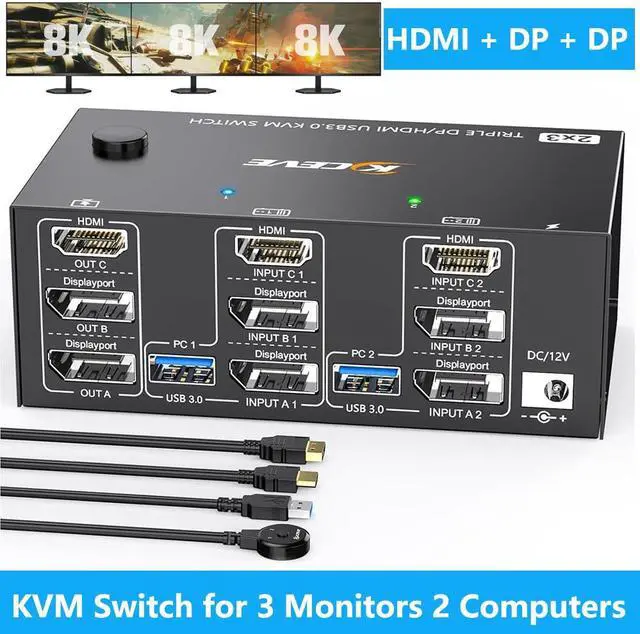 Main image of Hitoor KVM Switch 3 Monitors 2 Computers 8K@60Hz 4K@144Hz, 2 Displayport + HDMI Triple Monitor USB 3.0 KVM Switch with 4 USB 3.0 Port for Keyboard Mouse, with Wired Remote & Power Adapter