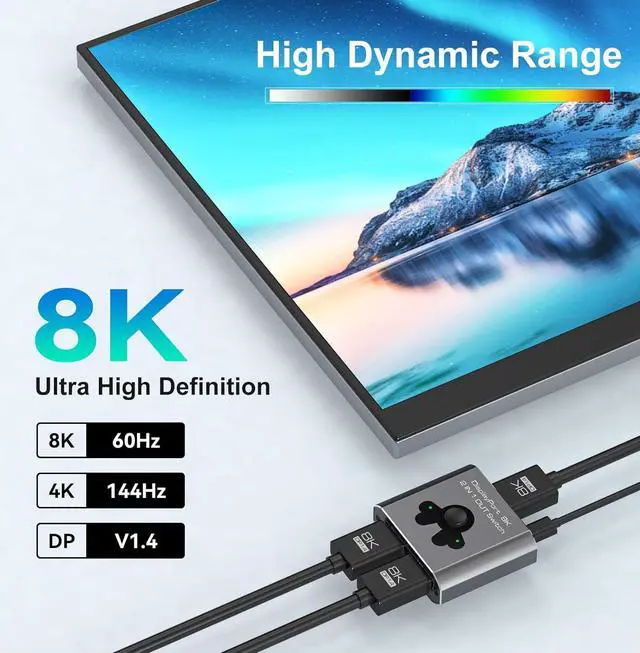 Alt view image 4 of 7 - Hitoor Displayport Switch 2 in 1 Out, 8K@60Hz 4K@144Hz Display Port Switch, Displayport Switcher, DP 1.4 Switcher, 2 in 1 Out DP Switch Compatible with TVs Monitors Laptops PCs Projectors etc
