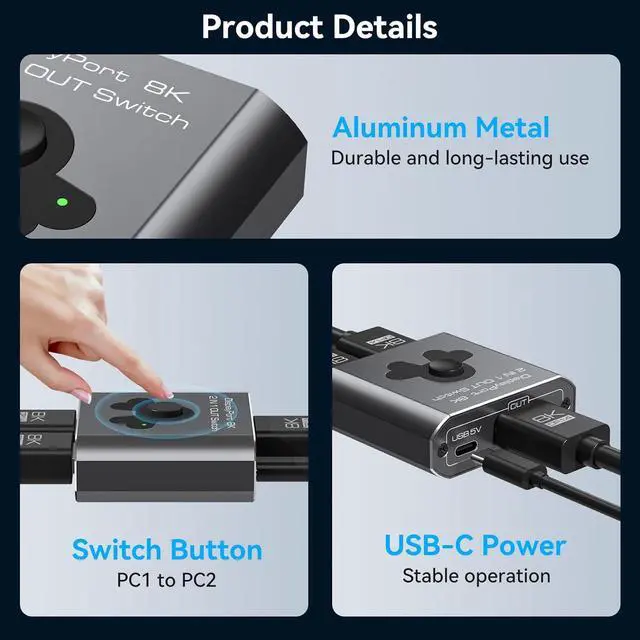 Alt view image 5 of 7 - Hitoor Displayport Switch 2 in 1 Out, 8K@60Hz 4K@144Hz Display Port Switch, Displayport Switcher, DP 1.4 Switcher, 2 in 1 Out DP Switch Compatible with TVs Monitors Laptops PCs Projectors etc
