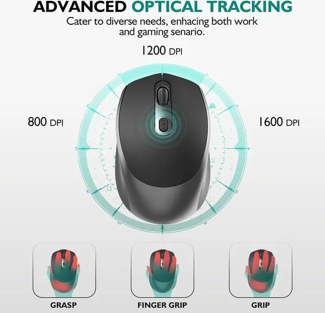 Alt view image 5 of 7 - Hitoor Wireless Bluetooth Mouse, 2-in-1 (2.4GHz+BT5.1) Ergonomic Portable Optical Mice, Cordless Rechargeable Slient Mouse for Computer Laptop, 1600DPI, Computer Mouse for Office, Black